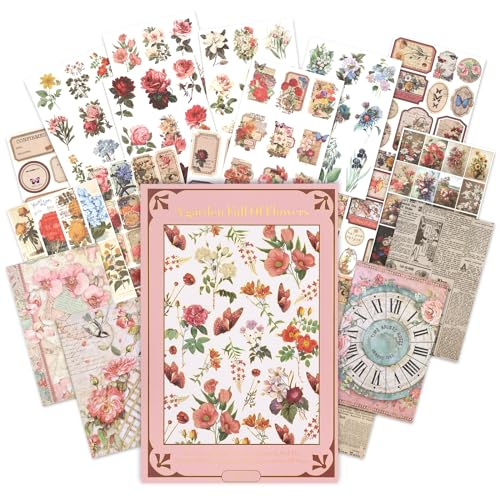 20 Blatt/ 176 Stück Scrapbooking Aufkleber Buch, Washi Blumensticker Retro für Karte Fotoalbum Umschläge Basteln, Vorgestanzte Flower Sticker Bullet Journal Zubehör von NOGAMOGA