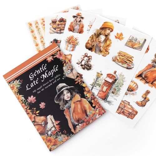 NOGAMOGA Autumn Journaling Sticker Book, A5 Size, 20 Sheets of Pre-Cut PET & Paper Stickers for Scrapbooking, Card Making and Junk Journaling Supplies, Orange von NOGAMOGA