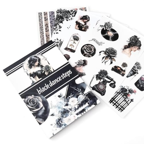 NOGAMOGA Scrapbook Sticker Book, Dark Gothic Pre-Cut Aesthetic Women and Rose Stickers, Junk Journaling Sticker, Scrapbooking Supplies, Triple Materials, 20 Sheets, Black von NOGAMOGA