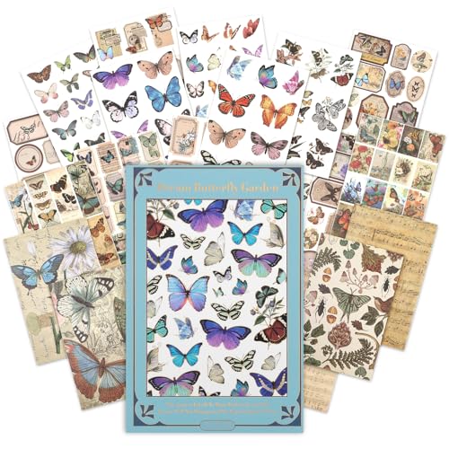 NOGAMOGA Scrapbooking Sticker Set, Vintage Schmetterling Sticker Buch für Journaling Alben, 204 Bullet Journal Aufkleber und 5 volle Größe Scrapbook Washi Aufkleber, Schmetterling Ephemera von NOGAMOGA