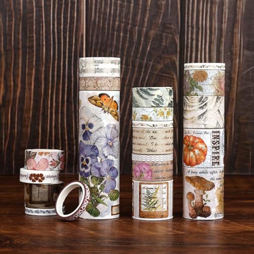 NOGAMOGA Washi Tape Set, Botanische Blume Washi Tape, Vintage-Klebeband, Breit Bastelband mit goldenen Akzenten, 20 Rollen Washi Tapes für Bullet Journal Scrapbooking Basteln Geschenkverpackungen von NOGAMOGA