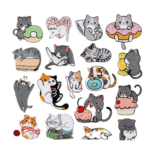 NOIAFZY 18 x Cartoon-Katzen-Stickerei, zum Aufbügeln, ideal für Jacken, Kleidung, Rucksäcke, Jeans und T-Shirts, Hemden von NOIAFZY