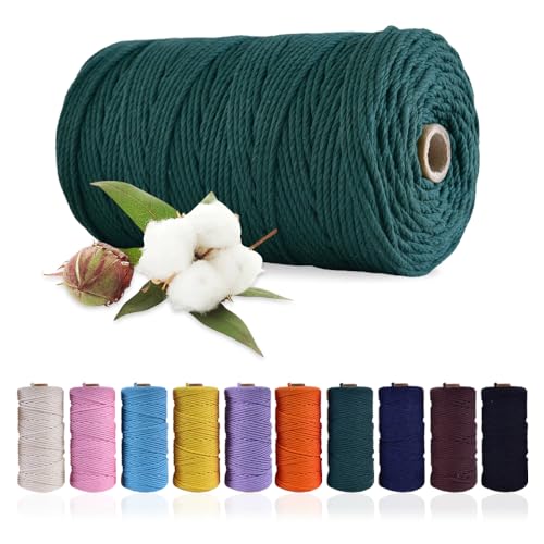 NOKDAL Makramee Garn 3mm x 300m Baumwollgarn Baumwolle Macrame Cord Natürliches Makrameegarn Makramee-Garn für Makramee Garn Natur Baumwollkordel für DIY Handwerk,Stricken,Blumenampel-Dunkelgrün von NOKDAL