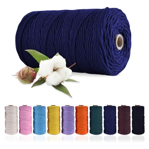 NOKDAL Makramee Garn 3mm x 300m Baumwollgarn Baumwolle Macrame Cord Natürliches Makrameegarn Makramee-Garn für Makramee Garn Natur Baumwollkordel für DIY Handwerk,Stricken,Blumenampel-marineblau von NOKDAL