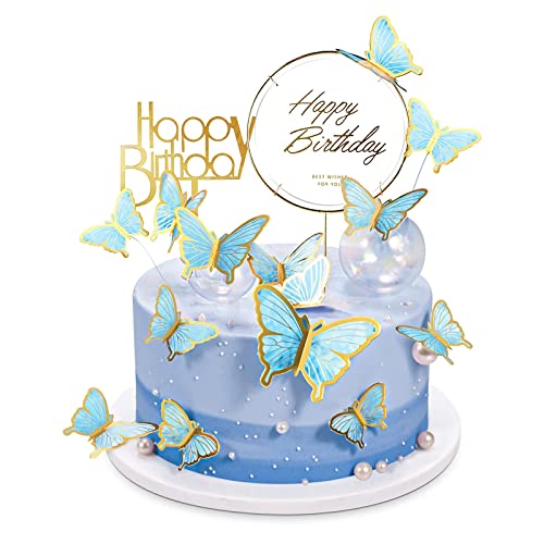 Schmetterlinge Tortendeko 22 Stück Tortendeko Geburtstag Happy Birthday Tortendeko3D Schmetterlinge Cake Topper,Zum Dekorieren Von Kuchen Cupcakes Dessert Geburtstag Hochzeit（Blau） von NOLACE