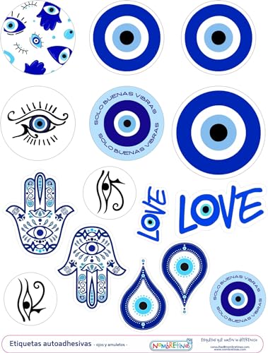 Aufkleber mit türkischem Auge, Nazar, Glücksbringer, Schutz vor bösen Augen und schlechten Energien, 15 Stück, blaues Auge, Symbolhilfe, Vibration, Handkreis, Love von NOMBRETINAS ETIQUETAS QUE HACEN LA DIFERENCIA