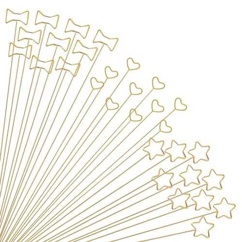 NONDK 30 x goldene Blumen-Kartenhalter, Blumenplektren aus Metalldraht, 30 cm, Kartenhalter für goldene Blumen, Schleife, Herz, Stern von NONDK