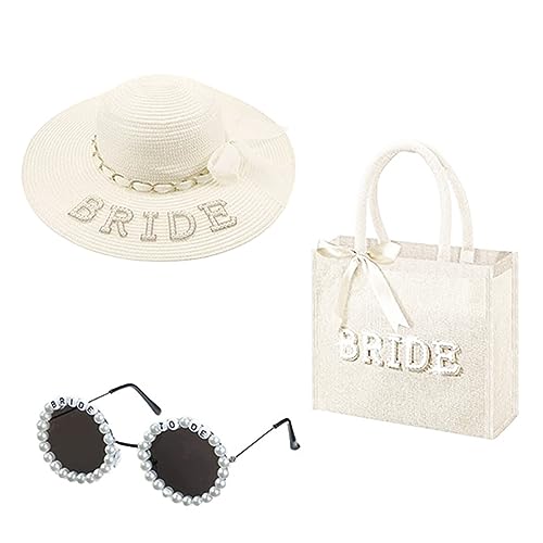 NONGYU Strohhut, Tasche, Sonnenbrille, Set mit zarten Perlen für Braut, Junggesellinnenabschied, Junggesellinnenabschied, Junggesellinnenabschied, Party-Dekorationen von NONGYU