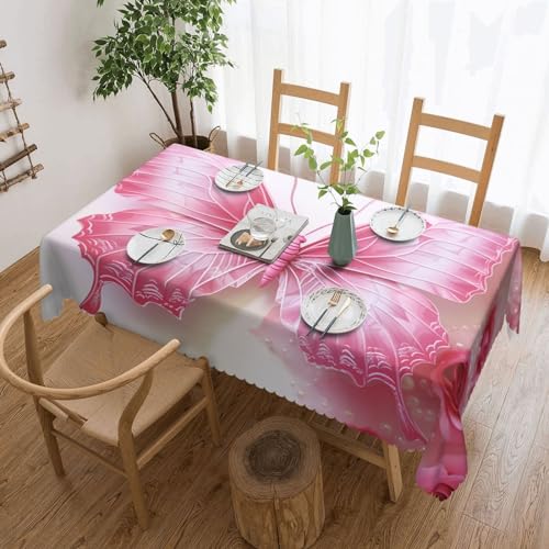 NONHAI Tischdecke für rechteckige Tische, rosa und weiße Schmetterlingstischdecken, knitterfreie Tischdecke für Küche, 137,2 x 182,9 cm, Tischdecke für Esszimmer, Bauernhaus, Dekortische, Stoffbezug von NONHAI