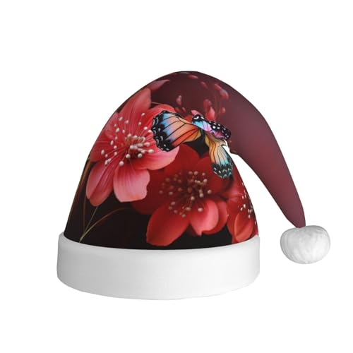 NONHAI Weihnachtsmütze mit roter Blume und Schmetterling, Weihnachtsmütze für Erwachsene, für Damen und Herren, Neujahr, festliches Partyzubehör von NONHAI