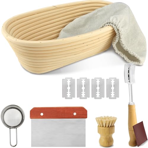 Gärkörbchen Oval 25cm Set für Sauerteig - XL Banneton Brotbackkorb Premium Set, Proofing Basket aus Peddigrohr mit Teigschaber, Brotlame, Mehlsieb von NOSTOSON