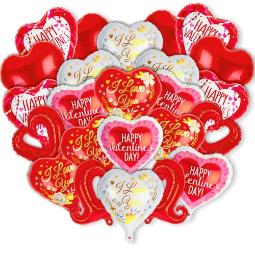 NOVWANG 24 Stück Valentinstag Liebesballons 45,7 cm Happy Valentine's Day Ballons, I Love You Ballons, Herzförmige Metallfolienballons, romantische Partygeschenke, weiße und rosa Luftballons von NOVWANG