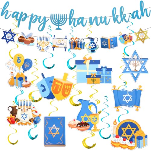 NOVWANG 27 Stück Hanukkah-Dekorationen, kein DIY Happy Chanukka Banner und Chanukka, hängende Chanukkah-Festival-Party-Dekorationen für Zuhause, Hof, Urlaub, Party, Outdoor, Innenbedarf von NOVWANG