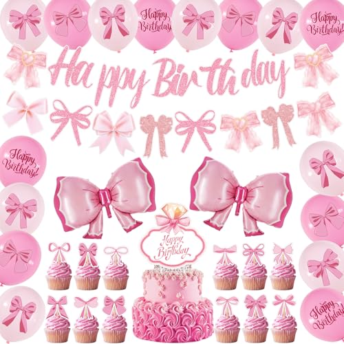 NOVWANG Coquette Geburtstagsdekorationen, 33 Stück rosa Geburtstagsdekorationen Schleife Happy Birthday Banner Girlande Schleife Cupcake Toppers Rosa Ballon für rosa Schleife Geburtstagsdekorationen von NOVWANG