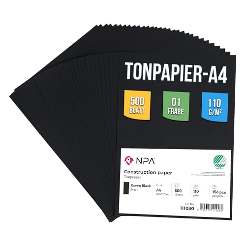 NPA Construction paper A4 Black 500sh 110 GSM Schwarz Papier A4 (21x 29.7cm) 500 blatt | Tonkarton Schwarz A4 | Bastelpapier Schwarz | Pappe Schwarz | Fotokarton A4 Schwarz von NPA