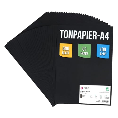 NPA Schwarzes Kartonpapier A4 100 GSM mit 500 Blatt | Schwarzer Karton A4 | Bastelpapier schwarz | Karton schwarz | Fotokarton A4 schwarz | Schwarzer Papierblock | Kartonpapier a4 | Druckerpapier A4 von NPA