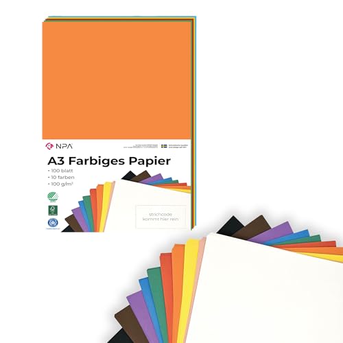 Packung mit 100 Tonpapier A3 Bunt | Kann Verwendet Werden als Druckerpapier A3, Tonpapier, Zeichenpapier a3, Kopierpapier A3, Bastelpapier & Watercolor Paper, Bunte Basteln A3 Papier, Buntes Papier A3 von NPA