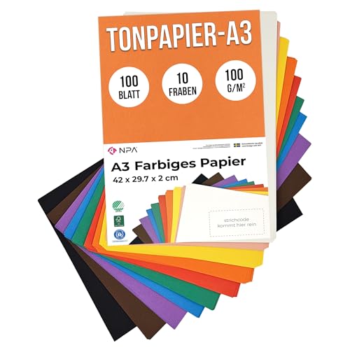 Packung mit 100 Tonpapier A3 Bunt | Kann Verwendet Werden als Druckerpapier A3, Tonpapier, Zeichenpapier a3, Kopierpapier A3, Bastelpapier & Watercolor Paper, Bunte Basteln A3 Papier, Buntes Papier A3 von NPA