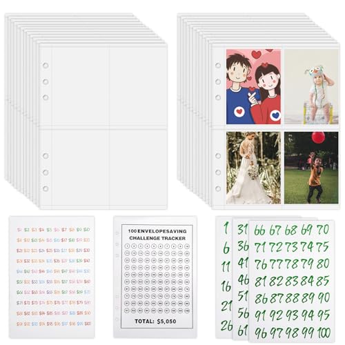 100 Taschen Fotokartenhüllen Kpop, 6,7 x 9,5cm Doppelseitig 100 Umschlag-Challenge-Ordner A5-Ordnerhüllen mit 4 Fächern Tragbar Spar-Budget-Ordner mit Umschlägen für Karten von NQEUEPN