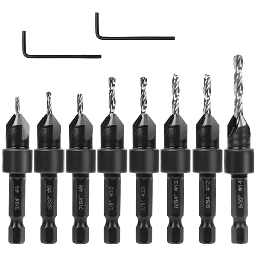 10st Senker Bohrer Set, Senkerbohrer für Holz mit Schraubenschlüsseln Countersink Drill Bit Set Einstellbare Tiefe für #4#6#8#10#12#14 Schrauben in Hartholz Kunststoffplatte von NQEUEPN