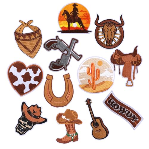 12 Stück Bügel Patches Western, Aufnäher Cowboy Vintage Rodeo Country Hufeisen Stiefel Bestickt zum Aufnähen Dekorative Applikationen Flicken für Rucksäcke Hüte Kleidung Jeans Jacken von NQEUEPN