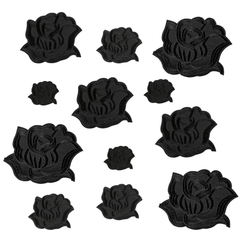 12st Rosen Aufnäher, 4 Größen Aufnäher Patches Rosen Cool Rose Patch Bestickte Blumenflicken Applikationen für Kleidung Jacken Jeans Pullover Hüte Schuhe Taschen (Schwarz) von NQEUEPN