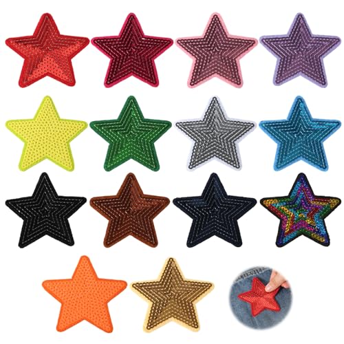 14stk Pailletten Stern Patches, Glänzende Flicken in Sternform Stickerei zum Aufbügeln und Aufnähen Applikationen für Kleidung Taschen Jacken Jeans Accessoires Basteldekoration von NQEUEPN