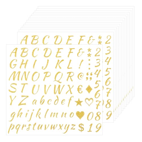 15 Blätter Glitzer Buchstabenaufkleber, Kleine Selbstklebende Alphabet-/Zahlenaufkleber Aufklebbare Buchstabenaufkleber für Scrapbooking Briefkästen Wasserflaschen Bastelarbeiten(Gold) von NQEUEPN