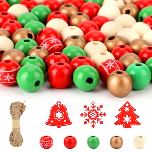 200stk Holzperlen mit 6 Schneeflocken-Holzspänen, Holzperlen Weihnachten Bunte Runde Bastelperlen mit Löchern für DIY-Schmuckherstellung Zuhause Party Weihnachtsdekoration von NQEUEPN