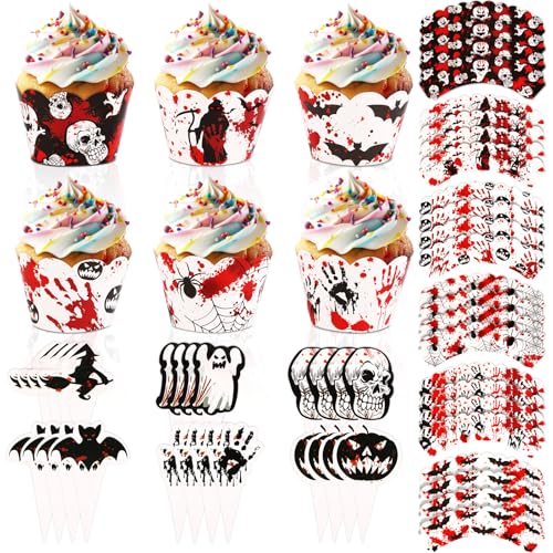 48 Stück Kuchenaufsatz Halloween und -Wrapper, Happy Halloween-Geburtstagskuchen-Topper Dekorationen Horror Geist Kürbis Fledermaus Spinne Cupcake-Picker für Halloween Themenparty Eventzubehör von NQEUEPN