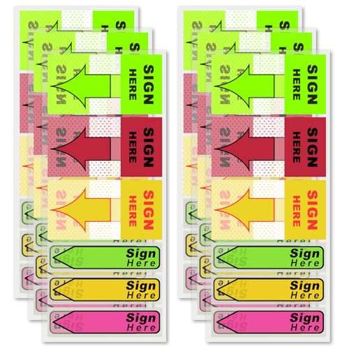 900stk/6 Packungen Schilder zum Unterschreiben, Praktisch Sign Here Pfeilaufkleber mit Spender Fluoreszierend Bunt Haftnotizen-Flagge für Schule Büro Notizbuch Notarbuch (Rot, Grün, Gelb) von NQEUEPN