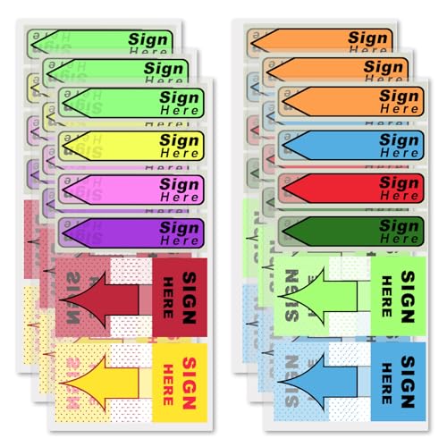 900stk/6 Packungen Schilder zum Unterschreiben mit Spender, Fluoreszierende Farbe Haftnotizen mit Aufschrift Sign Here Einfach Anzubringen Hinweispfeil-Aufkleber für Schule Büro (Mischfarbe) von NQEUEPN