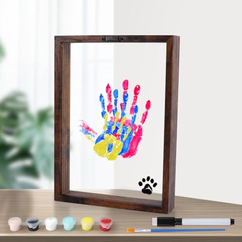 NQEUEPN Familien Handabdruck Set, DIY Familien Handabdruck Family Hand Print Frame aus Holz Geschenke für Werdende Eltern für Eltern Nach der Geburt Kinder Paare Freunde 6 Lackfarben Enthalten von NQEUEPN