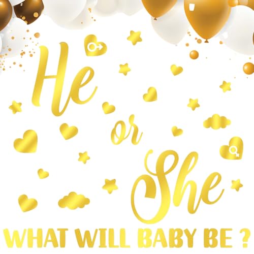 He or She Gender Reveal-Dekorationen, Gold Gender Reveal-Aufkleber Selbstklebend Geschlecht Offenbaren Dekoration Aufkleberschild für Babyparty-Party für Party-Hintergrunddekoration von NQEUEPN