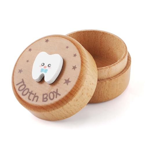 NQEUEPN Holz Zahnbox, Tooth Box Niedlicher 3D Zahn Cartoon Bild Zahnd ose Halter Bedruckte Sterne Gefallene Zähne Aufbewahrung für Jungen Mädchen Zahn Souvenir von NQEUEPN