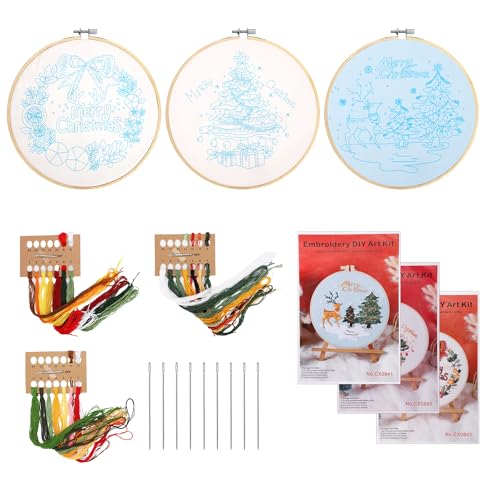 NQEUEPN 3-Teiliges Weihnachts-Stickset für Erwachsene Anfänger, Frohe Weihnachten DIY Sticken Weihnachten Kranz Weihnachtsbaum Elchmuster Winter Stickerei Weihnachten Inklusive 20cm Stickrahmen von NQEUEPN