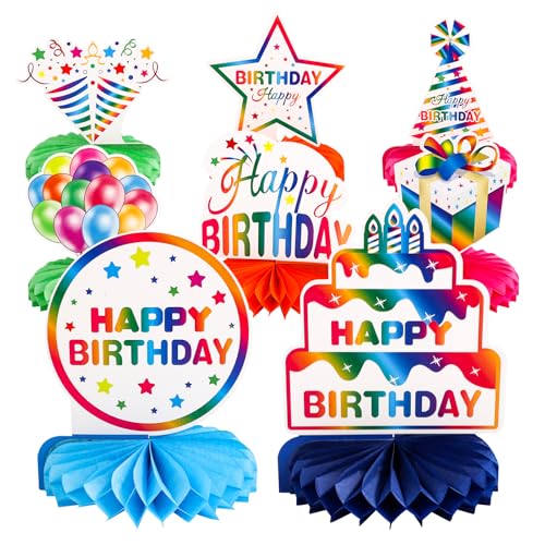 NQEUEPN 8stk Happy Birthday Tischdekorationen zum Geburtstag, Regenbogen-Geburtstags-Mittelstücke Holografisch Bunt Waben-Mittelstück für Jungen Mädchen Geburtstagsparty Feier Tischaufsätze von NQEUEPN