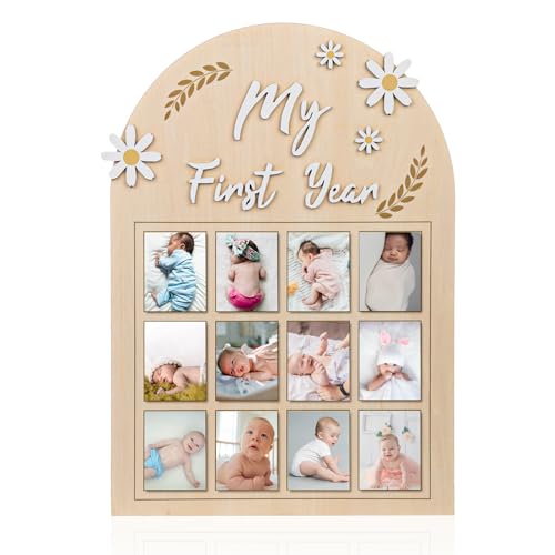 Bilderrahmen Mein Erstes Jahr, 3D-Gänseblümchen Fotoanzeige für das Erste Jahr des Babys Monatliches Fotobanner Holzbrett 12 Monate Geschenk für Neugeborene Erinnerungen an den 1. Geburtstag von NQEUEPN