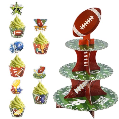 NQEUEPN Fußball Cupcake Ständer, Rund 3-Stöckiger Dessertturm Fußball Party Cupcake Ständer mit Kuchendeckel und Geschenkpapier für 10 Cupcakes für Super Bowl Party Dekorationen von NQEUEPN