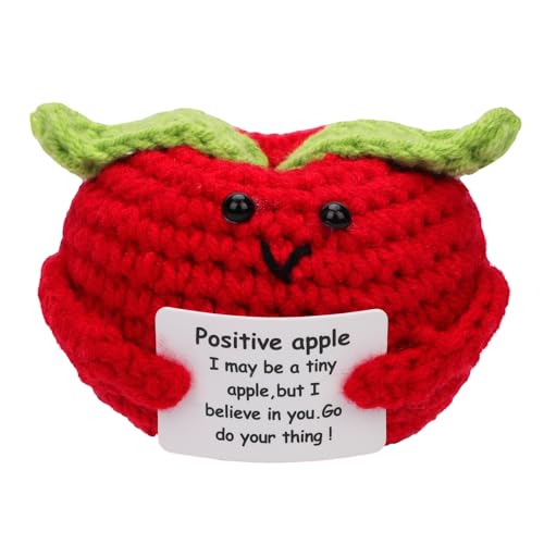 NQEUEPN Mini Lustiger Positiver Apfel, 5,5cm Gestricktes Apfelspielzeug Kreativ Süße Häkelpuppe mit Positiver Karte Aufmunterungsgeschenke für Freunde Geburtstagsfeier Zuhause Zimmer Dekoration von NQEUEPN