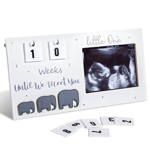 NQEUEPN Schwangerschafts Geschenk, 24x12,3cm Niedlich Massivholz Schwangerschafts Fotorahmen Countdown Wochen Schwangerschafts Bilderrahmen für Geschlechtsoffenbarung Babyparty Neue Eltern (Weiß) von NQEUEPN