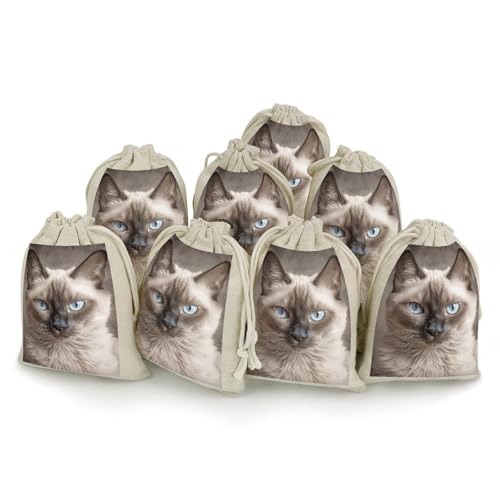 NQHJT 8 Stück schöne siamesische Katze Baumwolle Kordelzug Beutel Kleine Aufbewahrungstasche Wiederverwendbare Musselin Tasche für Party Hochzeit Heimbedarf Xmas Geschenktüte von NQHJT