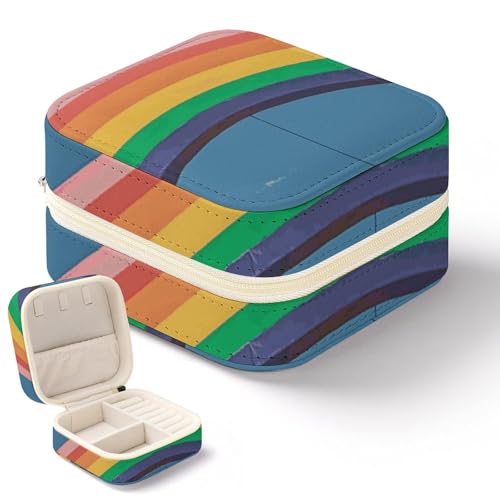 NQHJT Beautiful World Regenbogen-Schmuckschatulle für Damen, PU-Leder, kleiner Schmuck-Organizer, tragbare Präsentation, Schmuck-Aufbewahrungsbox für Ringe, Ohrringe, Halsketten, Mini-Schmuckschatulle von NQHJT