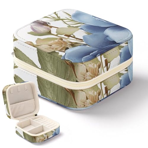 NQHJT Blaue Blumen und Libelle Schmuckschatulle für Damen, PU-Leder, kleiner Schmuck-Organizer, tragbare Präsentation, Schmuck-Aufbewahrungsbox für Ringe, Ohrringe, Halsketten, Mini-Schmucketui von NQHJT