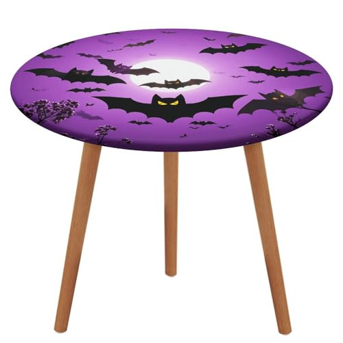 NQHJT Halloween-Tischdecke mit fliegenden violetten Fledermäusen, rund, mit elastischer Oxford-Tischdecke, wasserdicht, öldicht, schmutzabweisend, abwischbar, Tischdecke für runden Tisch, 130 cm von NQHJT