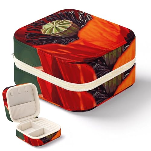 NQHJT Rote Mohnblumen-Schmuckschatulle für Damen, PU-Leder, kleiner Schmuck-Organizer, tragbare Präsentation, Schmuck-Aufbewahrungsbox für Ringe, Ohrringe, Halsketten, Mini-Schmuckschatulle von NQHJT