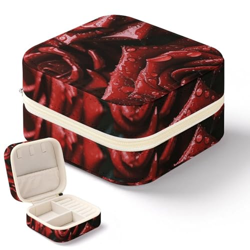 NQHJT Rote und schwarze Rosen-Schmuckschatulle für Damen, PU-Leder, kleiner Schmuck-Organizer, tragbare Präsentation, Schmuck-Aufbewahrungsbox für Ringe, Ohrringe, Halsketten, Mini-Schmuckkoffer von NQHJT