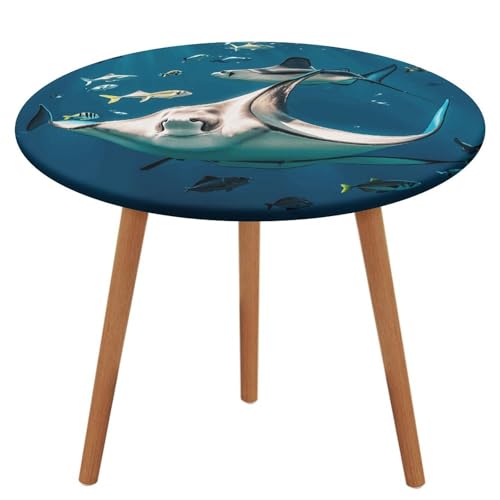 NQHJT Runde Tischdecke, Mantarochen und Fische, mit Oxford-Tischdecke, wasserdicht, öldicht, schmutzabweisend, abwischbar, Tischdecke für runde Tische, 130 cm von NQHJT