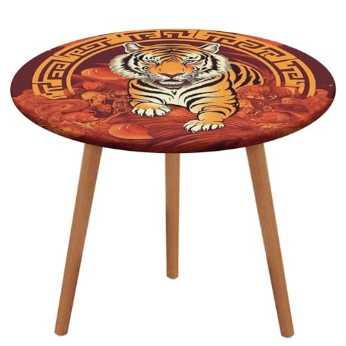 NQHJT Runde Tischdecke "Wohlstand im Jahr des Tigers" mit elastischer Oxford-Tischdecke, wasserdicht, öldicht, schmutzabweisend, abwischbar, Tischdecke für runden Tisch, 120 cm, Stil von NQHJT