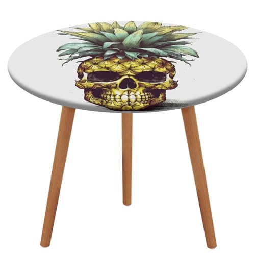 NQHJT Runde Tischdecke mit coolem Totenkopf-Ananas-Design, mit elastischer Oxford-Tischdecke, wasserdicht, öldicht, schmutzabweisend, abwischbar, Tischdecke für runden Tisch, 130 cm von NQHJT